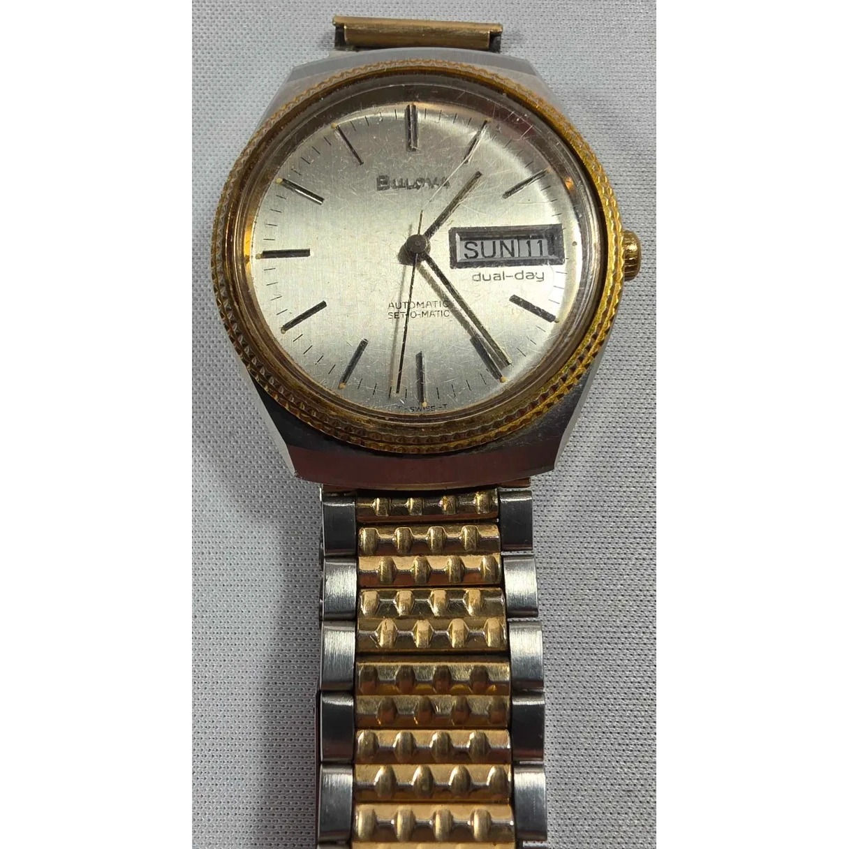 Bulova SetOMatic Watch Men 35mm Silver Dial Two Tone Daydate Automatic